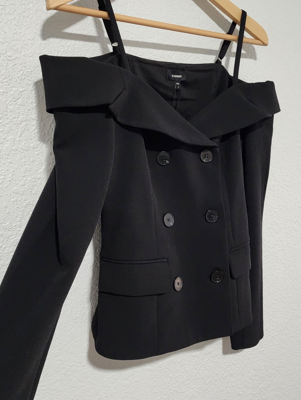 Express Off The Shoulder Double Breast Blazer Black Size 0 (XS) Edgy Professiona - Picture 4 of 11